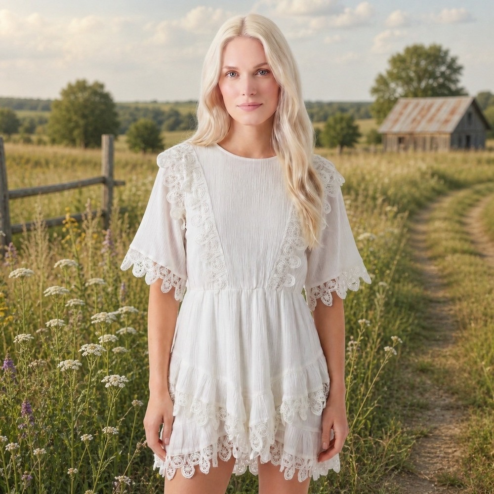 H&M Divided Crochet Lace Tiered Dress Womens M White Boho Cottagecore Milkmaid
